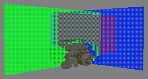 Цветовой буфер с тремя пересекающимися полупрозрачными поверхностями
